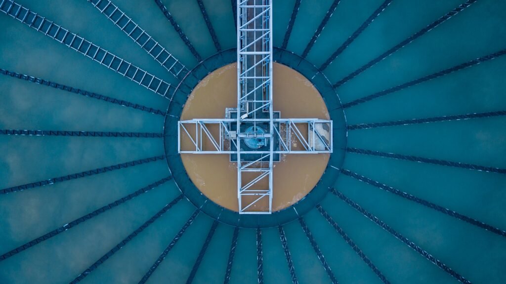 Aerial view of sewage water treatment plant, Purification process water cleaning facility.