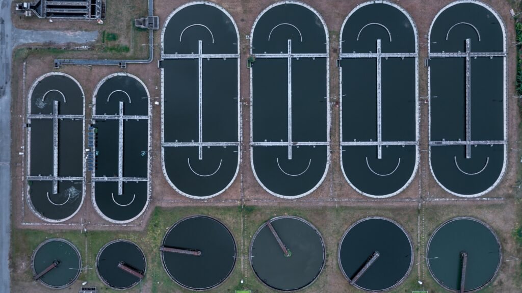 Aerial view of wastewater treatment plant, Water cleaning facility wastewater treatment plant.