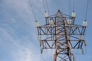 power line support with wires for electricity transmission, energy industry, energy saving