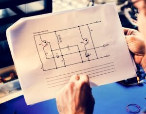 Closeup of hands holding circuit pattern guide line paper