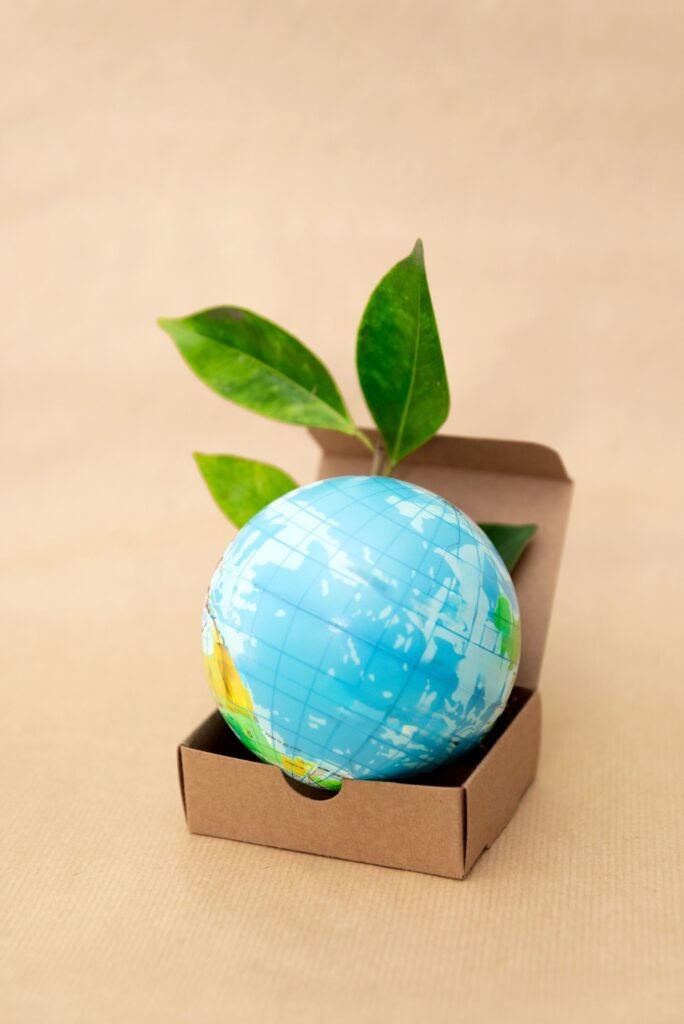 Earth Globe in Cardboard Box with Green Leaves on Beige Background, Sustainable Packaging Concept