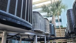 HVAC at beach condo on raised platforms for easy maintenance and rust prevention.