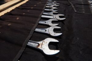 Set mechanical tools. Professional car mechanic using different tools for working